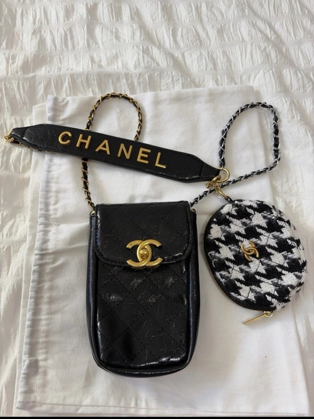 CHANEL Black and White Quilted Crossbody with Gold Hardware